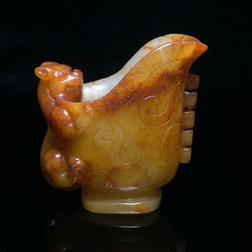 汉代和田白玉古玉老玉沁色包浆蟠龙杯小摆件玉质温润细腻捡漏价