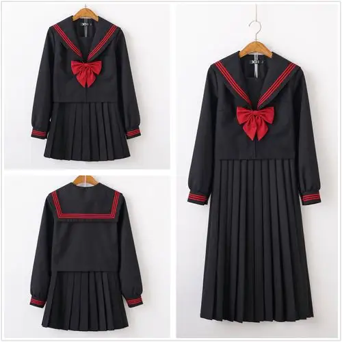 jk制服正统赤三本不良基础款黑色衣身水手服学生校班服中长裙套装