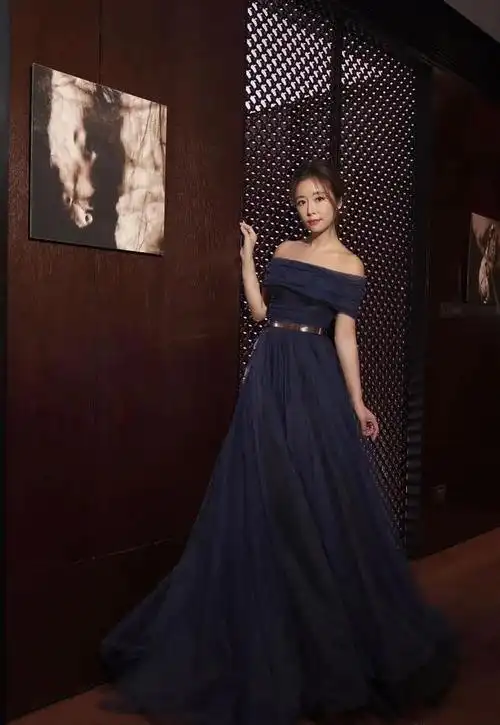 林心如一袭藏蓝色露肩透视纱裙梦幻典雅气质绝佳