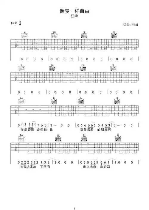 像梦一样自由吉他谱 汪峰 放下所有,踏向去往自由的路1