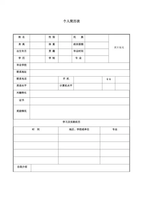 超完整空白版个人简历表格