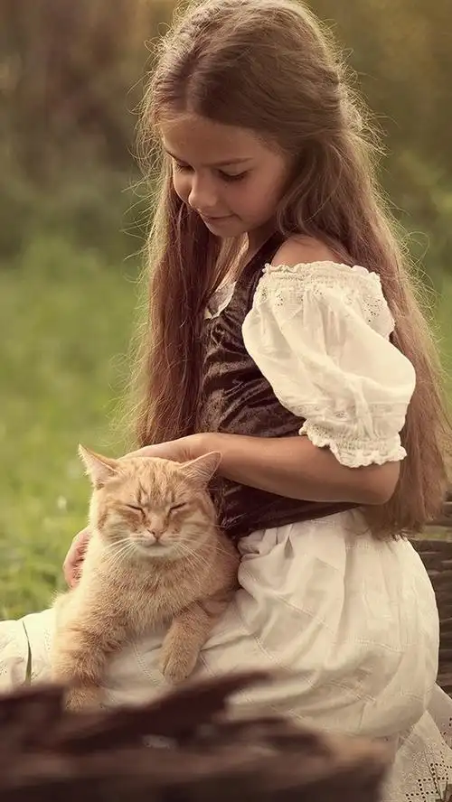 iphone 壁纸 可爱的小女孩和猫