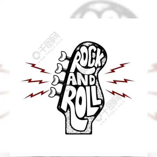 摇滚乐在吉他脖子头背景的手拉的词组海报,标志,标志的设计元素向量