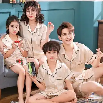 春夏天亲子装睡衣夏装一家三口装装冰丝短袖中大童四口夏季家居服家庭