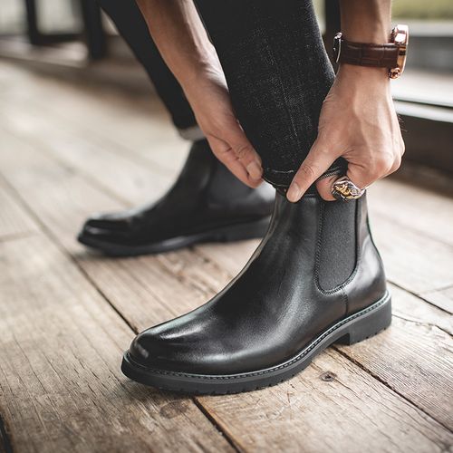 男士尖头西装切尔西靴一脚蹬真皮休闲短靴子中帮英伦风绅士马丁靴
