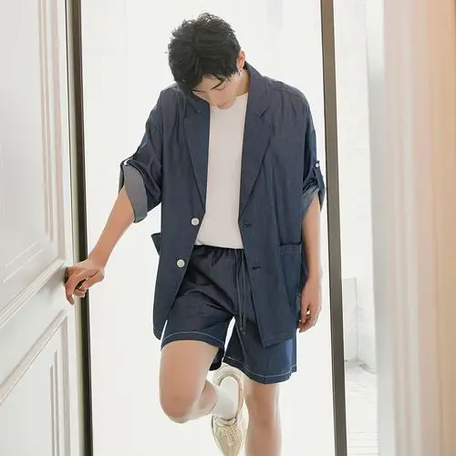 西西里男装夏季薄款西装外套短裤两件套男士宽松休闲西服套装男_西西