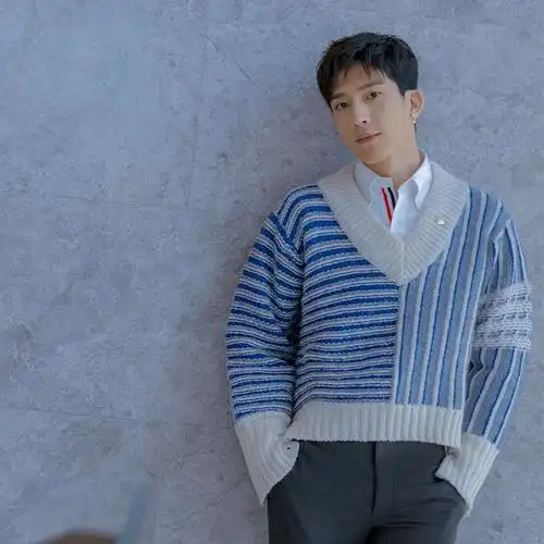 井柏然明星同款衣服 韩版时尚潮流帅气毛衣拼色毛衣v领短款上衣男