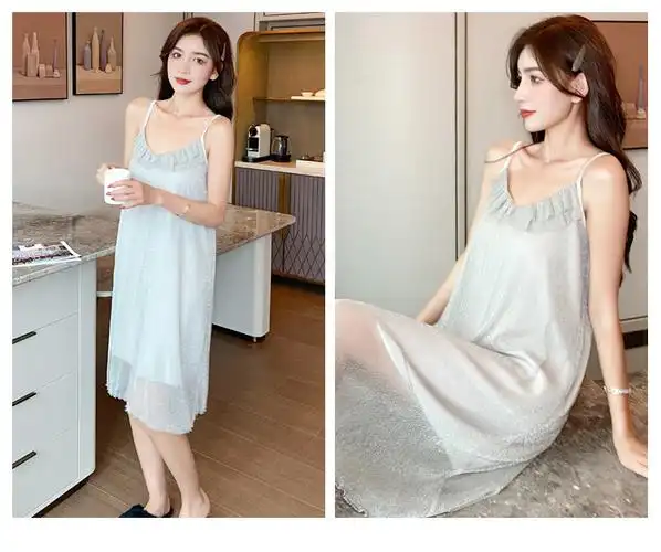 吊带抹胸睡裙女夏季天性感v领中长款凉爽舒适少女网纱睡裙可外出