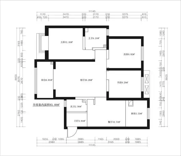 120平三居室户型图