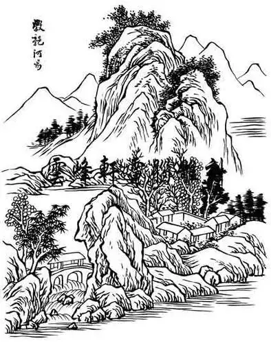 山水风景素描白白描简笔画