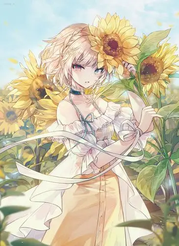 人物绘画,颜色透亮的卡通动漫美少女,可爱的向日葵女孩.