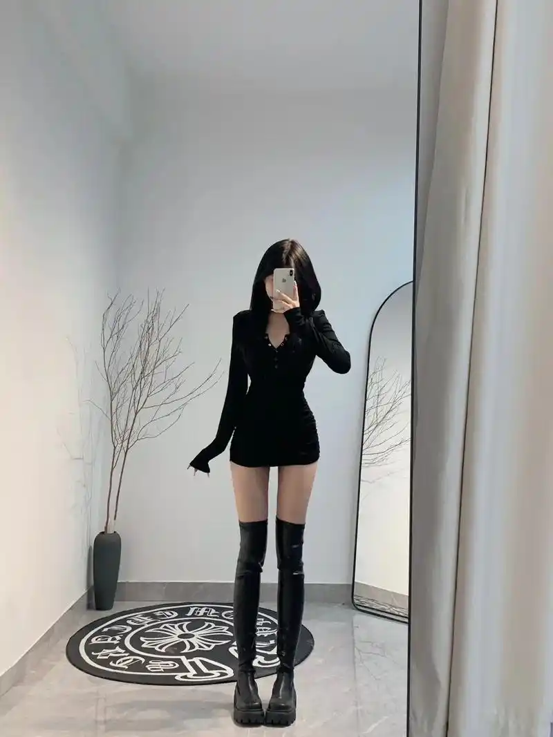 小黑裙77过膝靴.#ootd穿搭 - 抖音