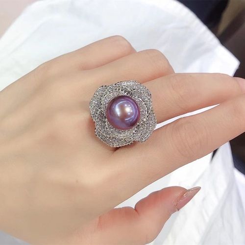 天然妖紫爱迪生戒指女款纯银镶嵌深紫色正圆无瑕淡水珍珠指环活口