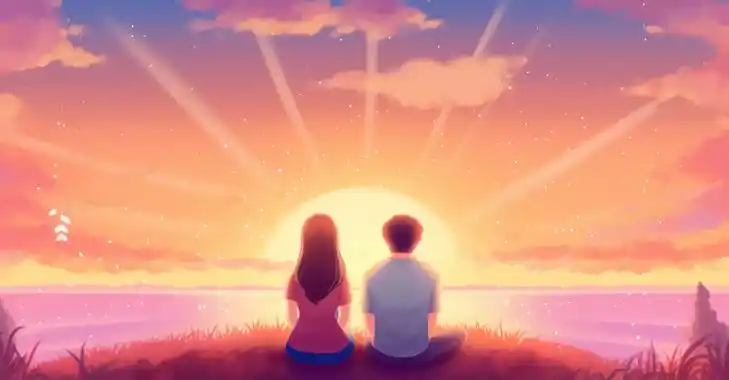 情侣紧挨着坐在一起的背影唯美浪漫情人节爱情双人手绘插画温馨氛围感