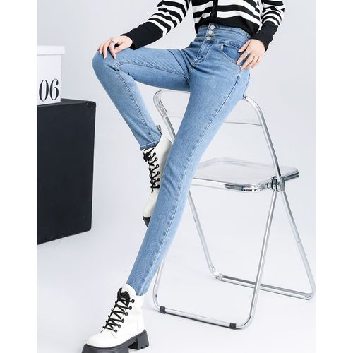 女装洋气单排扣高腰显瘦女式牛仔裤春秋修身小脚长裤女