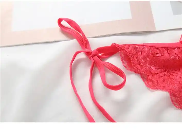 性感系带开档丁字裤t裤女士内裤透明 低腰大码情趣蕾丝边绑带内裤