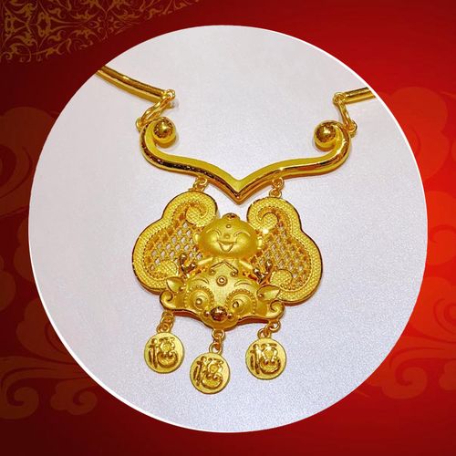 小腰金 宝宝周岁金项圈黄金百福锁吊坠足金长命锁项链婴儿满月金饰品