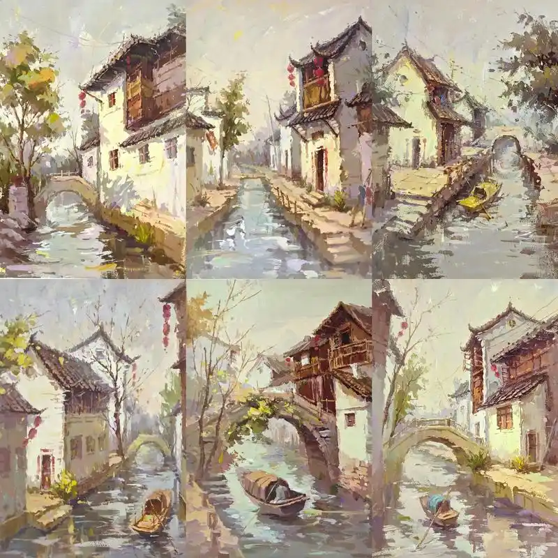 色彩风景水乡竖构图作品练习