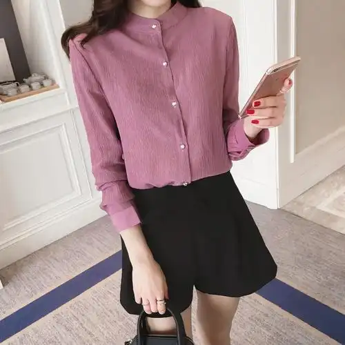纽扣纯色女装衬衫c14春装长袖 嫣叶