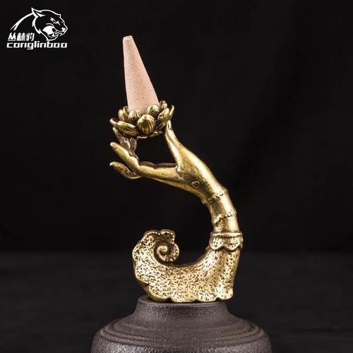黄铜手托莲花创意摆件小铜器办公桌摆饰创意复古做旧倒流香家居风