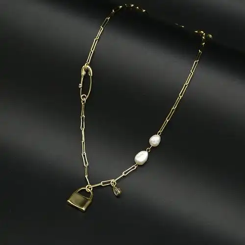 亚马逊珍珠小锁曲别针项链女几何真金保色光身小链条竹节链双链