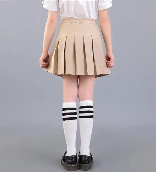 女童卡其色百褶裙英伦风女孩校服半身裙新款小学生防走光百褶裙