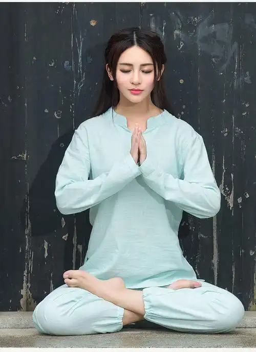 新款高档亚麻瑜伽女士套装夏秋打坐练功太极瑜伽套装