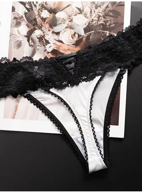 冰丝无痕内裤女丁字裤女性感t裤蕾丝内裤冰丝薄黑白色少女花边甜美 酒