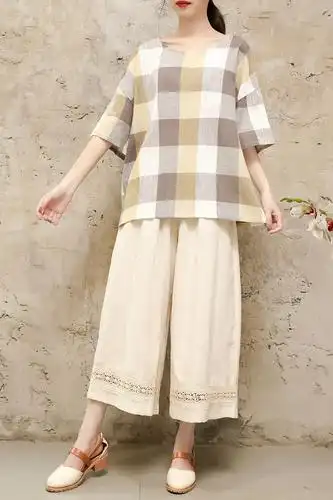 棉麻套装女超宽松胖m大码显瘦遮肚休闲阔腿裤亚麻两件套