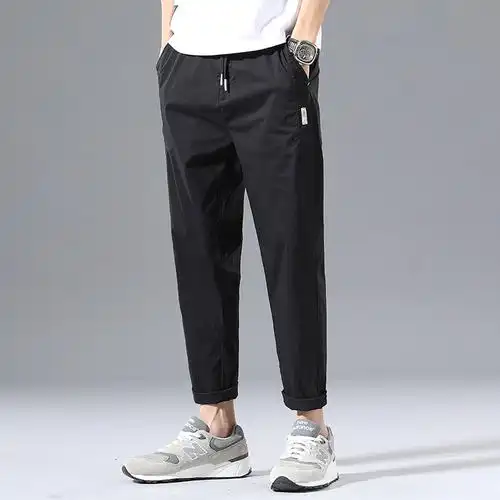 2021春季新款弹力休闲裤男修身直筒韩版潮流男士休闲裤黑色男裤子视频