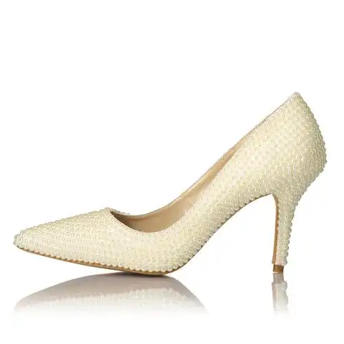 acilici2024新款高跟尖头珍珠晚宴单鞋细跟白色浅口 新娘伴娘婚鞋