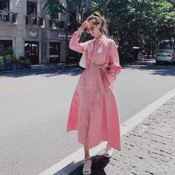 汇诗尚粉色长袖连衣裙春秋收腰显瘦气质温柔风不规则衬衫裙女甜美长裙