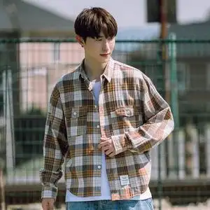 听风春季日系休闲格子衬衣男学生帅气纯棉衬衫外套潮流帅气格子衫