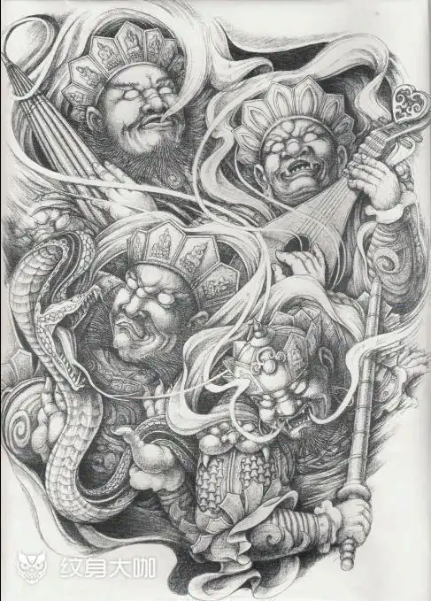 四大天王满背_纹身图案手稿图片_张云鹏的纹身作品集