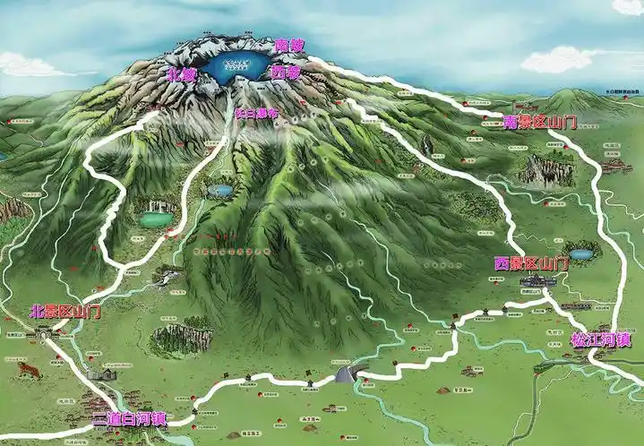 我们去 长白山 旅游,主要的景区分为西,南,北三个坡(东坡属于 朝鲜 )