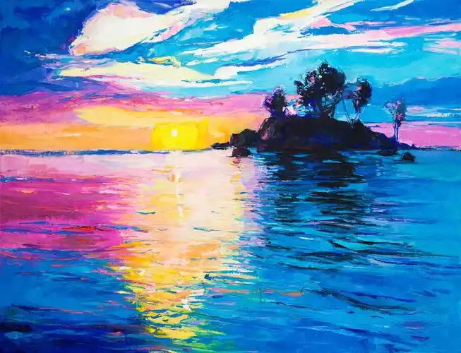 岛屿和海油画的孤岛和大海的画布上海洋上五颜六色的日落现代印象主义