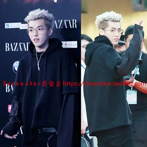 吴亦凡同款外套女_吴亦凡同款卫衣衣服连帽宽松假两件套黑色外套男女