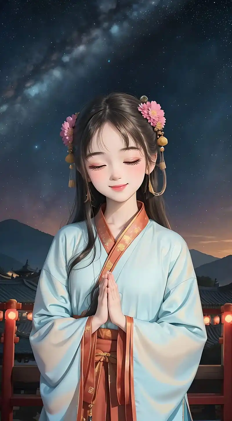 一个女孩,在祈祷在求佛,面部微笑身穿汉服#古风 #国风古韵  - 抖音