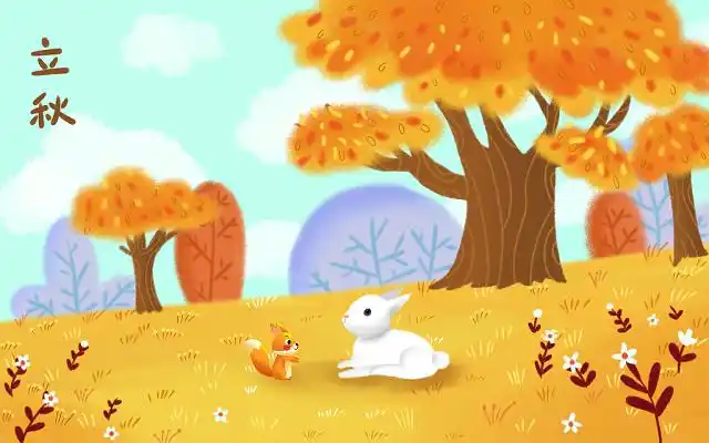 彩色卡通手绘秋天森林草坪小兔子小松鼠唯美风景原创插画海报