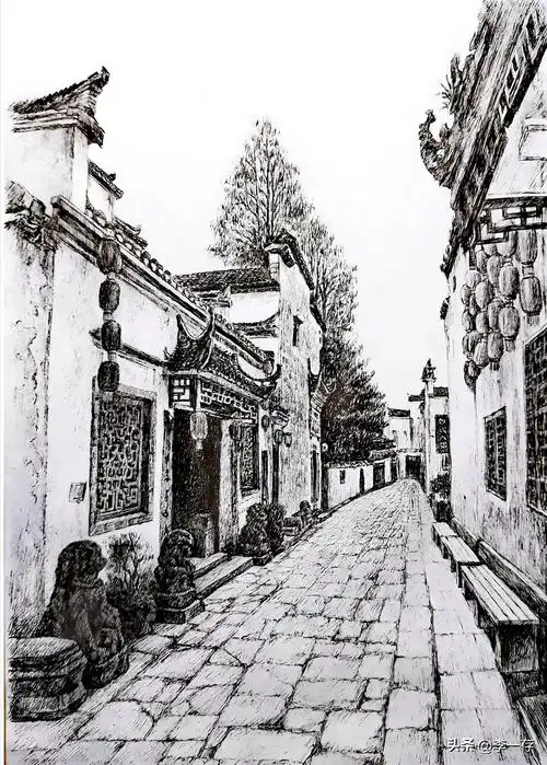 钢笔画"古镇""