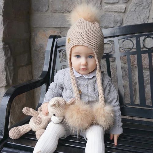 宝宝针织帽子秋冬儿童护耳貉子毛球套头帽 ins婴儿帽可爱潮萌春秋