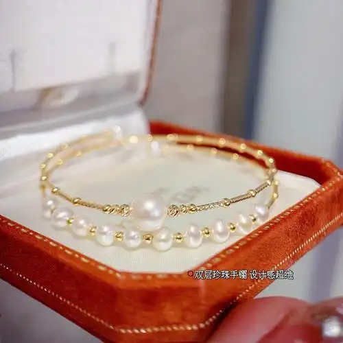 18k金珍珠手镯车花管弹力手镯叠戴双层简约珍珠手链天然珍珠手饰