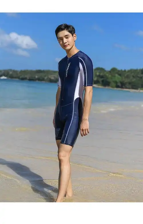 男士连体泳衣男套装长袖长裤男防晒速干防尴尬大码浮潜游泳衣男黑色