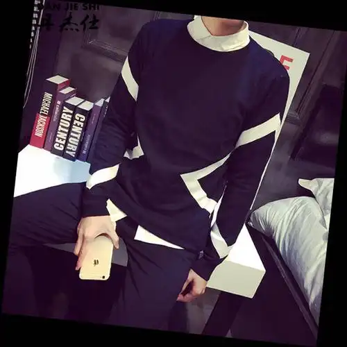 秋季新款店主大码男士加绒毛衣青年韩版加大码胖子针织衫 藏青色 2xl