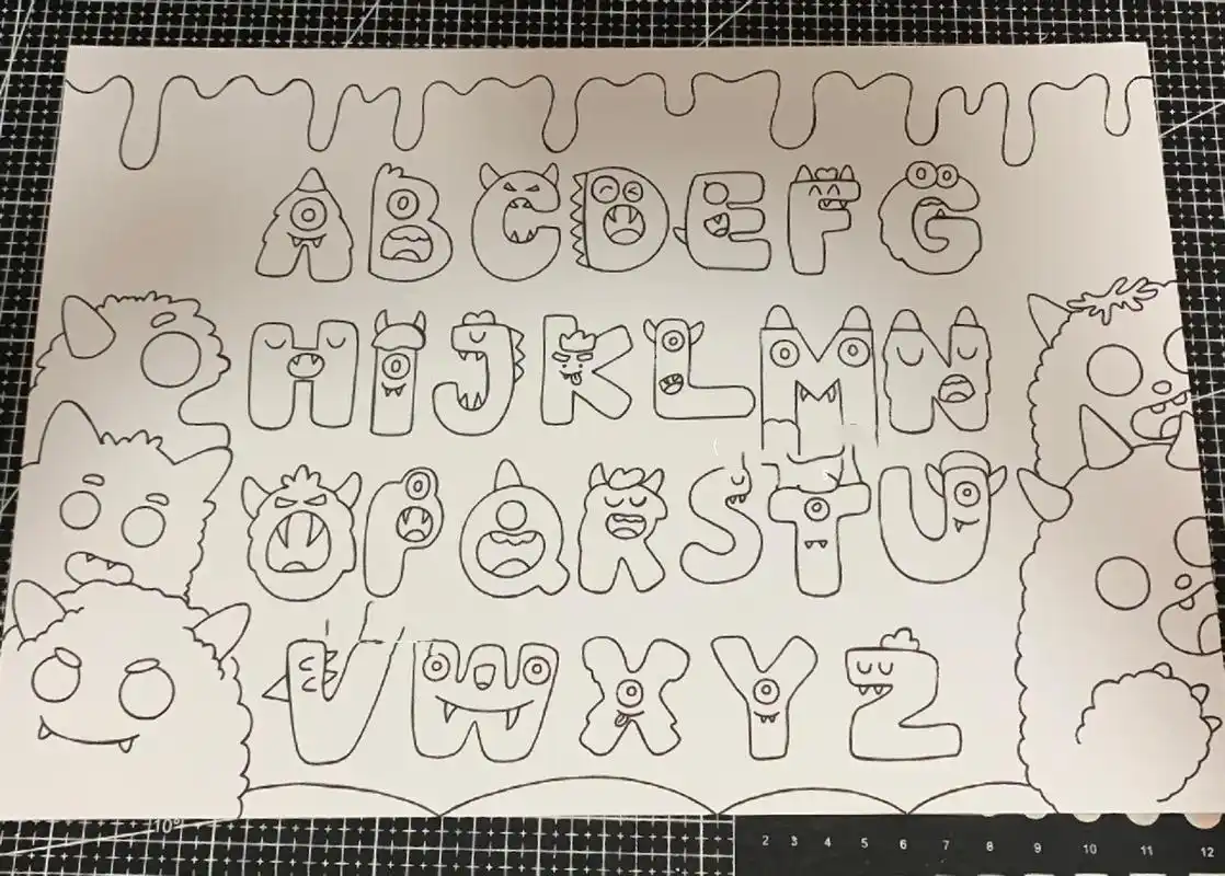 26个字母创意画,字母小报  小怪兽系列字母创意画来啦09 线稿电子版