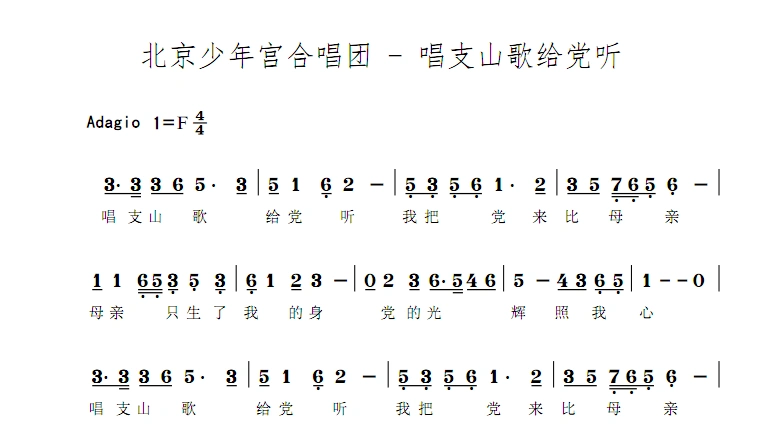 北京少年宫合唱团 - 唱支山歌给党听 钢琴纯音乐伴奏 合唱简谱钢琴