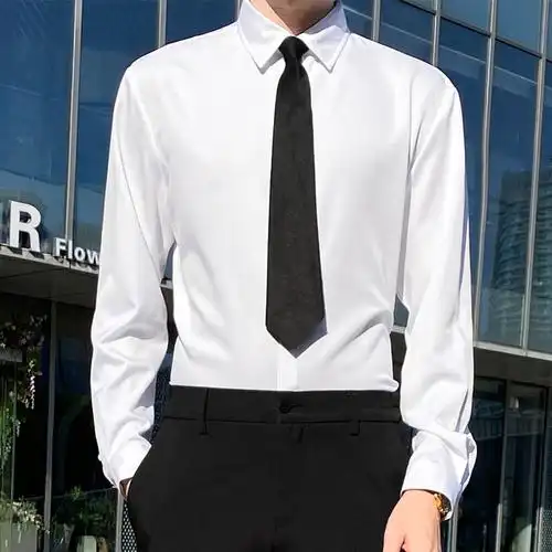 白衬衫男ins韩版修身垂感长袖无口袋衬衣上班正装黑西裤一套商务