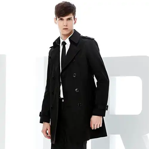 ursmart中长款英伦风衣男双排扣束腰修身男士风衣青年外套男