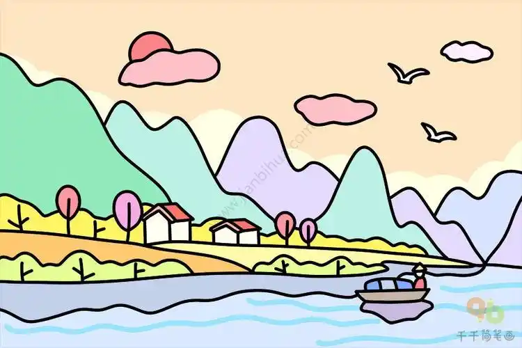 儿童山水风景简笔画太阳
