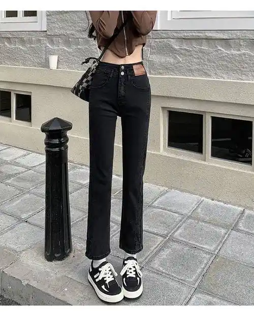 浪莎早春季开叉直筒牛仔裤女黑色新款宽松百搭小个子烟管裤子春秋女士
